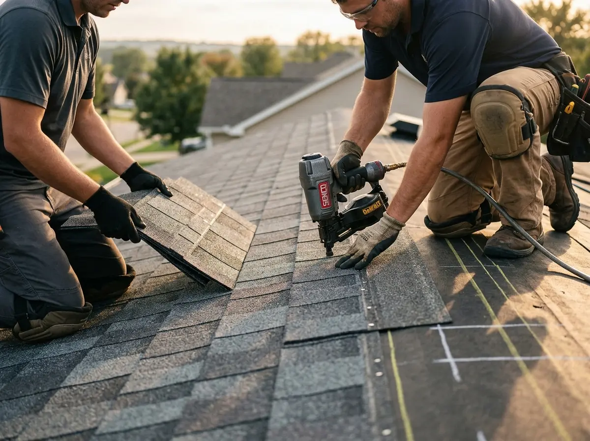 Professional roofer working on a residential roof in Irondale